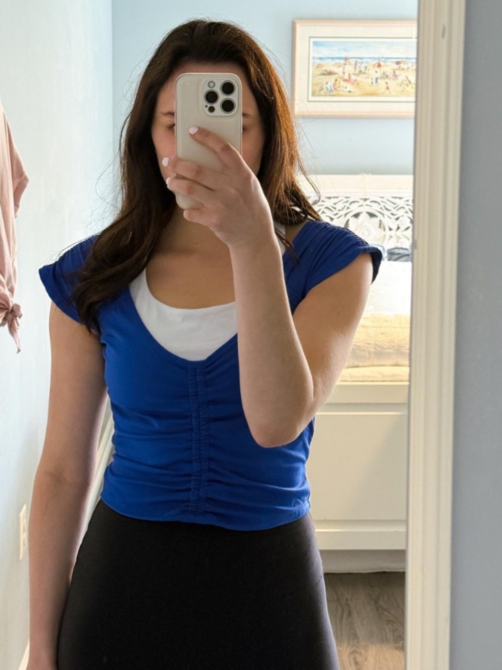 Free People Dupe Royal Blue Ruched Cap Sleeve Activewear Cropped Top
